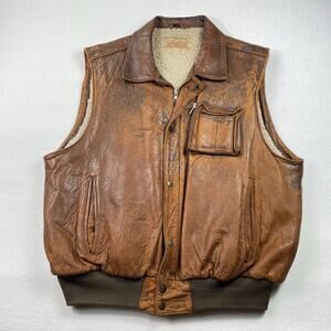 Vintage Adam Spencer Patina Leather Faux Sherpa Vest L Utility Aviator Western